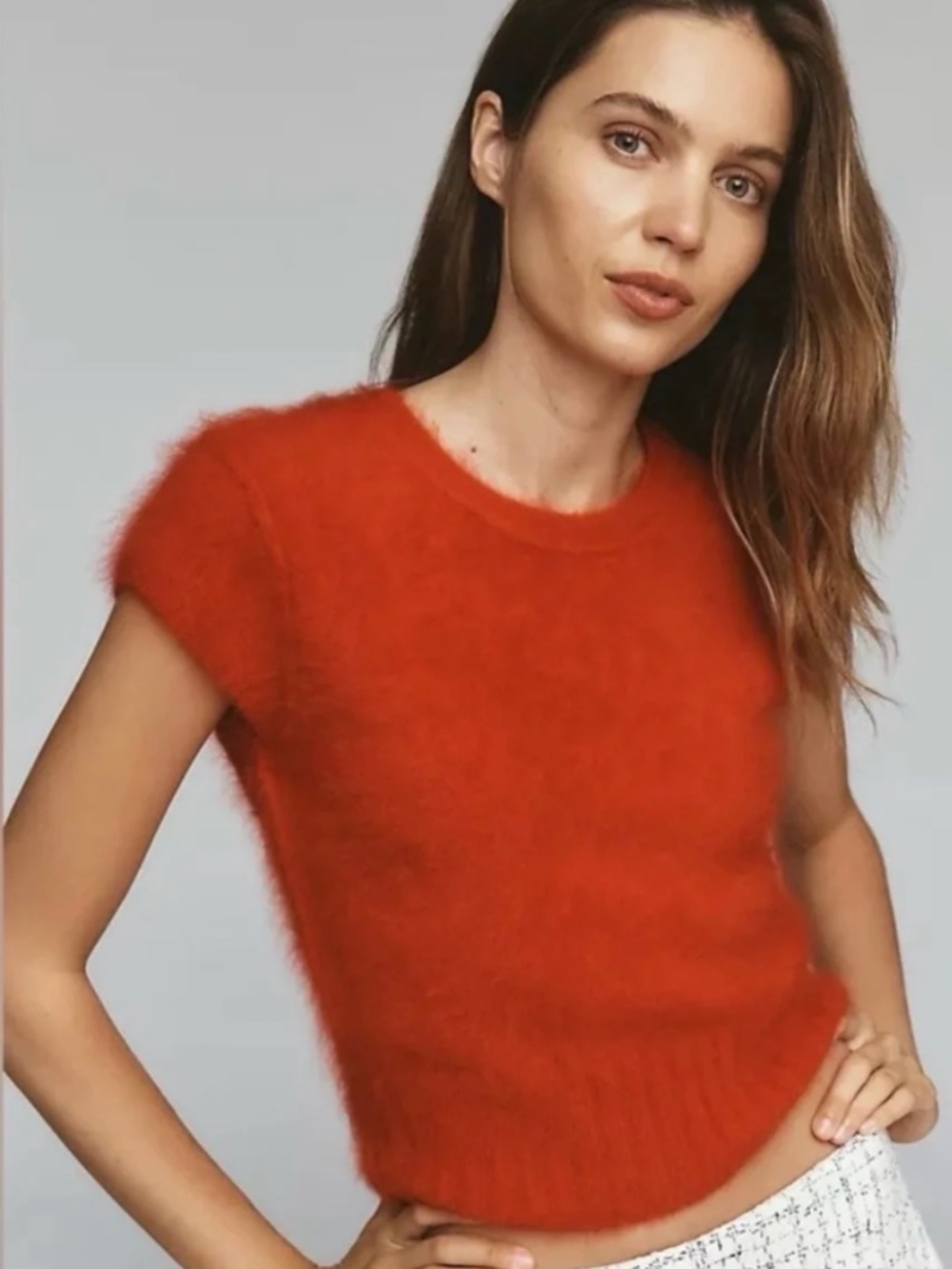 By Anthropologie Fuzzy Short Sleeve Sweater Top Orange Red L